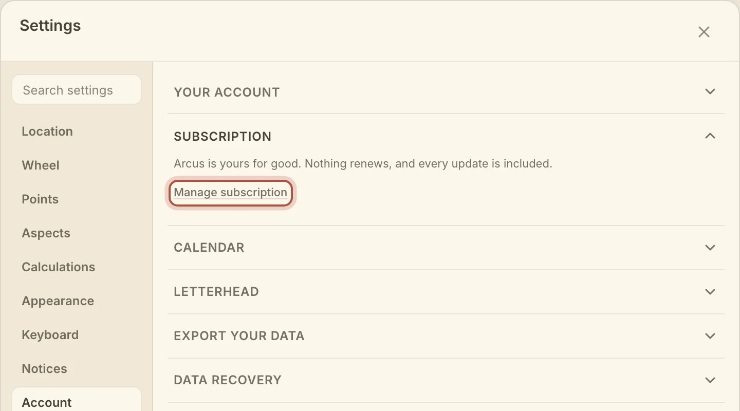Subscription, in Settings, Account