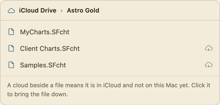 The same folder in iCloud Drive, with a cloud beside each file that is not on this Mac