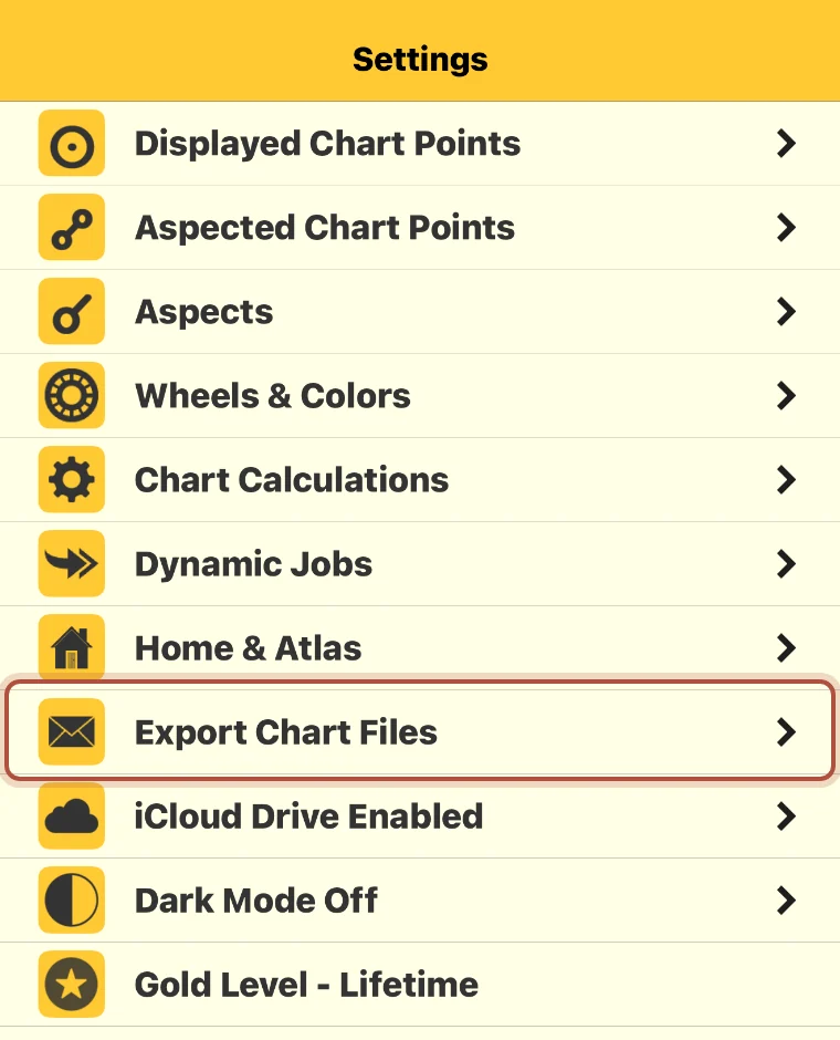 Export Chart Files in the Astro Gold settings list