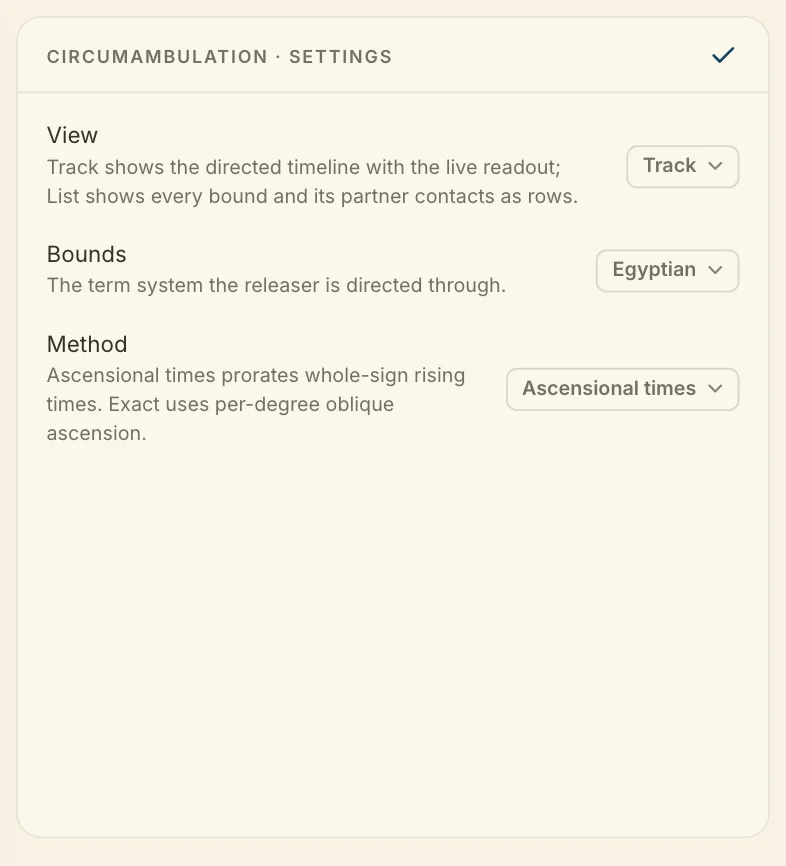 The Circumambulation settings