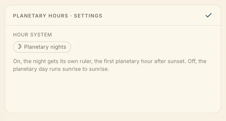 The Planetary Hours settings, with Planetary nights