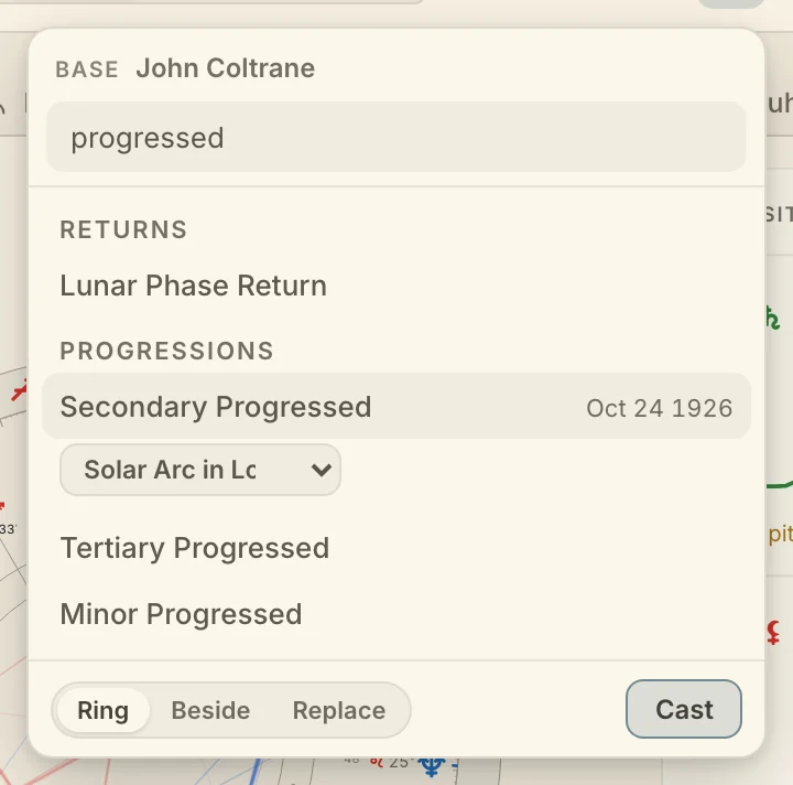 The Cast popover filtered to "progressed", with Secondary Progressed open