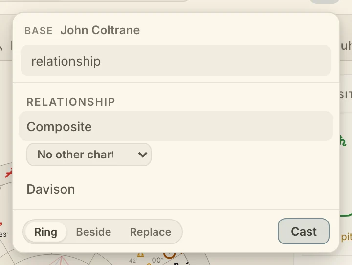 The Cast popover filtered to "relationship", showing Composite and Davison