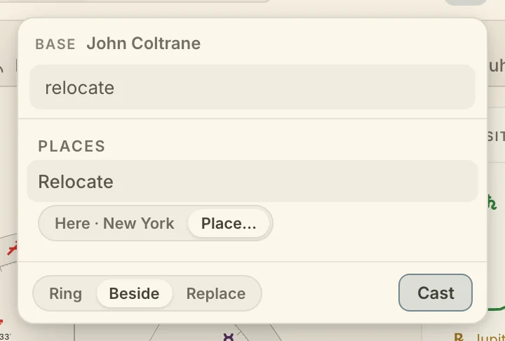 The Cast popover filtered to "relocate"