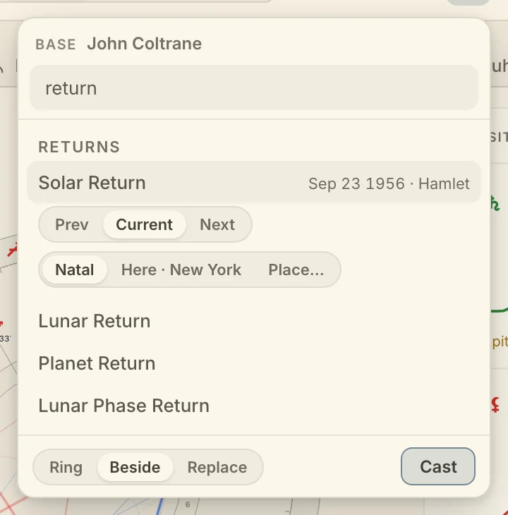 The Cast popover filtered to "return", with Solar Return open