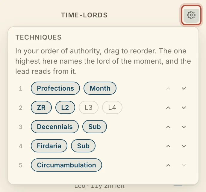 Time-lord settings, open from the gear on the Time-lords section