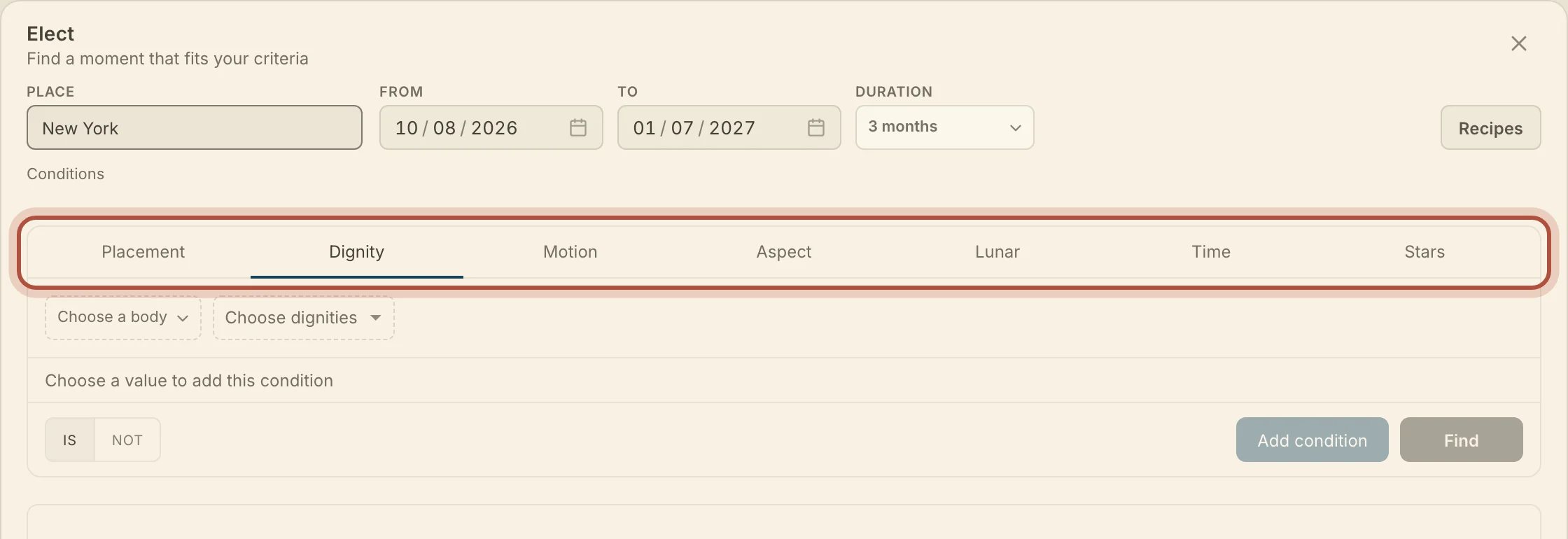 Elect, with the condition categories along the top of the builder