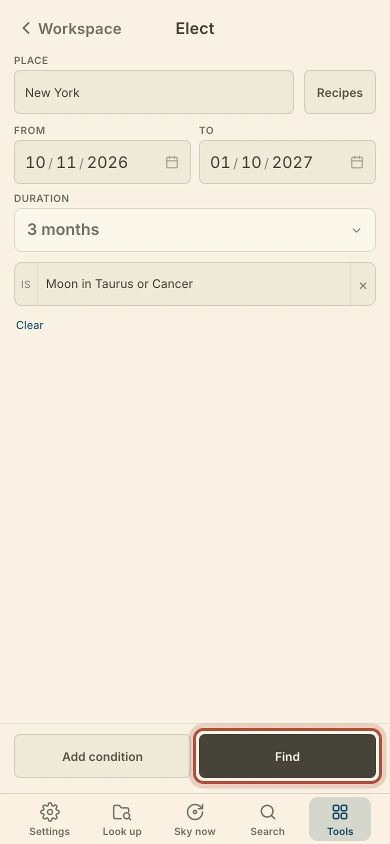 The first Elect screen on a phone: the place, the window, one condition, and Find at the foot