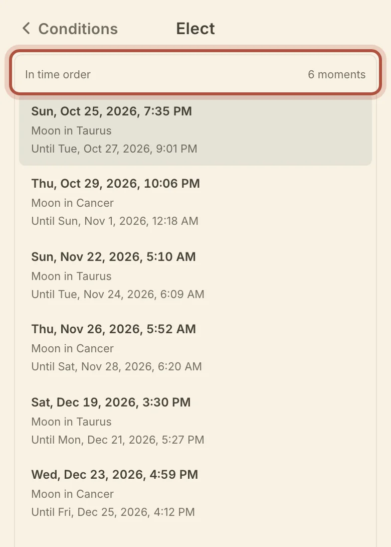 The moments Elect found, as a list on a phone, with Conditions at the top left to go back