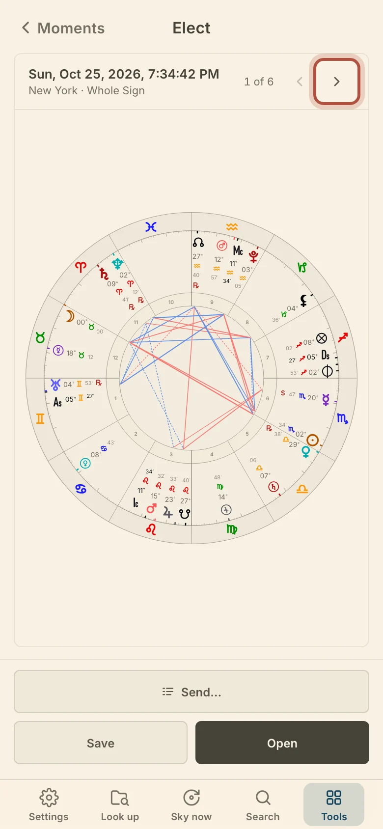 One moment on a wheel on a phone, with the arrows to step through them and Send, Save and Open at the foot