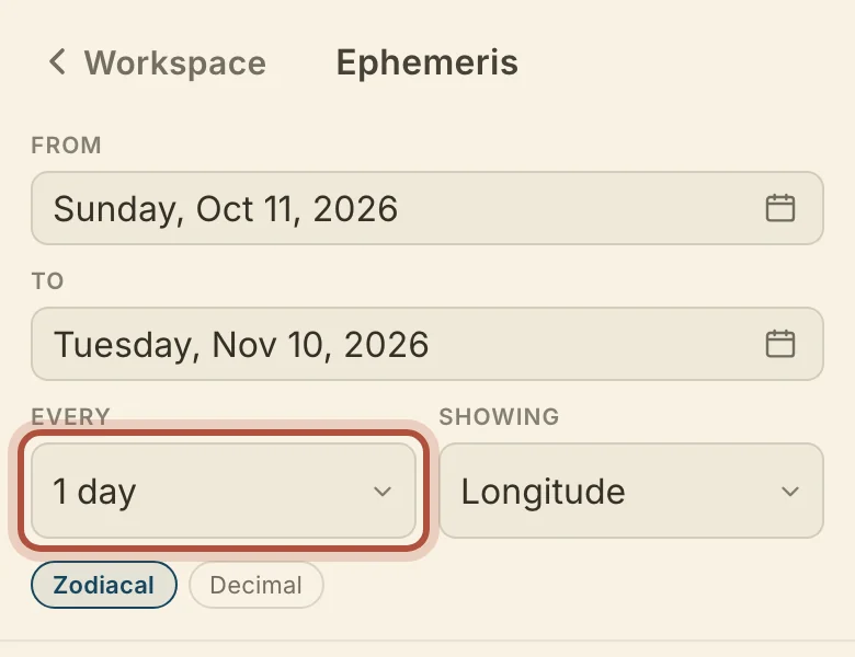 From, To and Every at the top of the Ephemeris on a phone