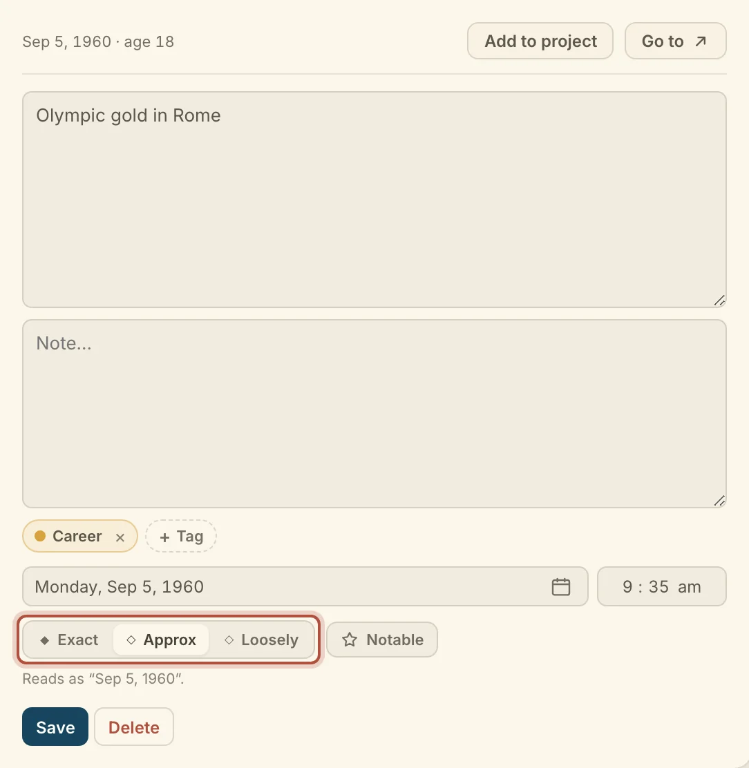 The event open for editing: title, note, tag, date, and how sure the date is