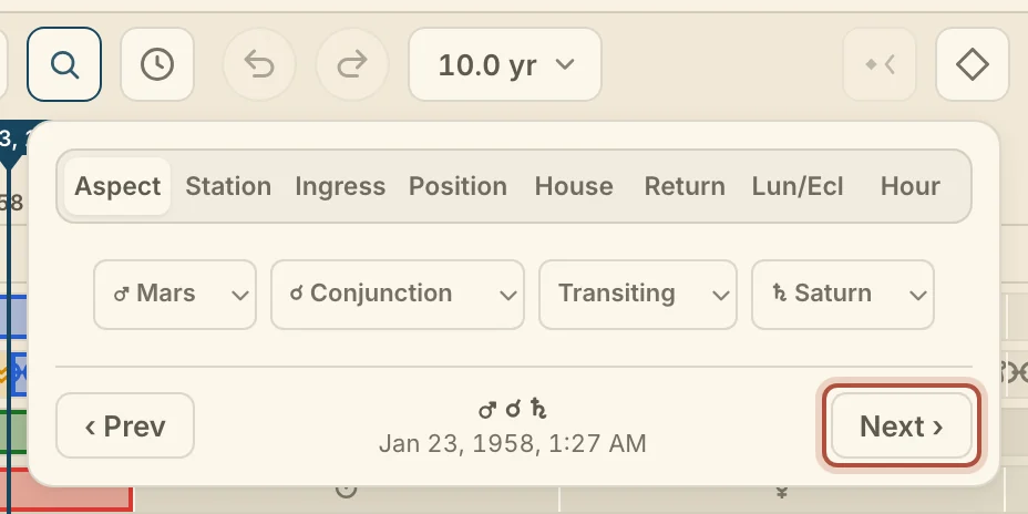 The event finder, open from the timeline, set to Mars conjunct Saturn