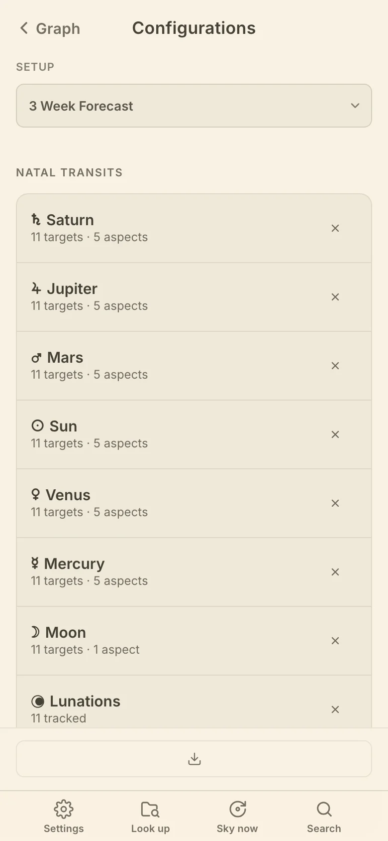 The Configurations page on a phone, with the setup and its jobs