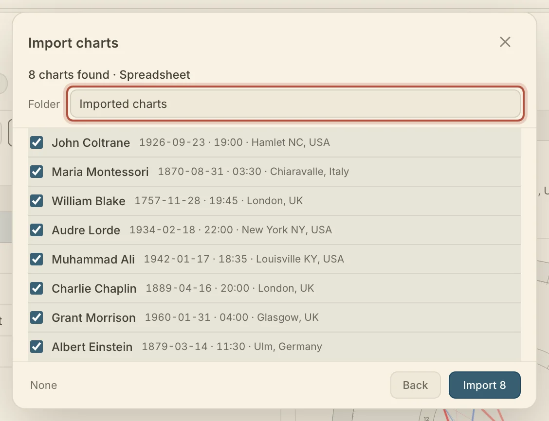 The review step, with the folder the new charts will land in