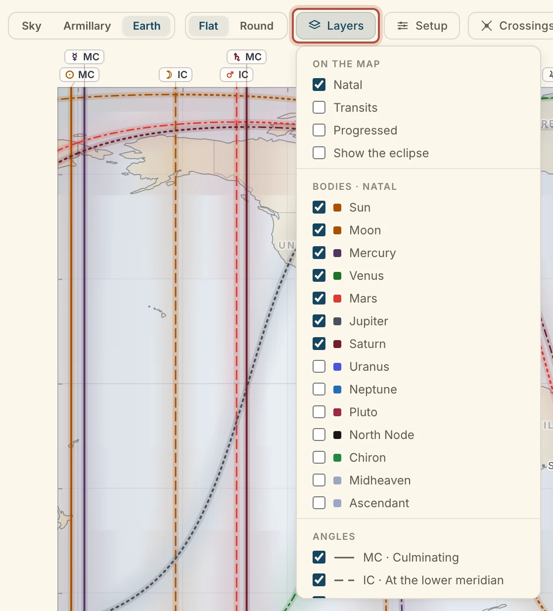Layers on the Earth map: what is on the map, bodies and angles