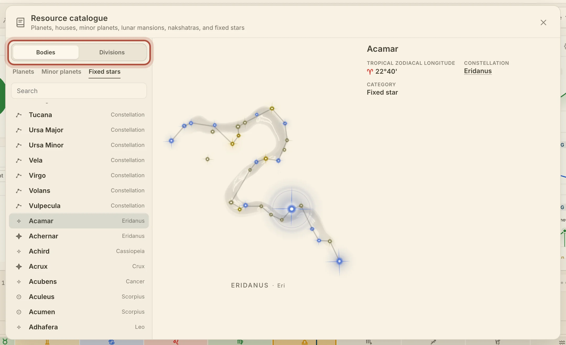 The Resource catalogue on Fixed stars, with one star open