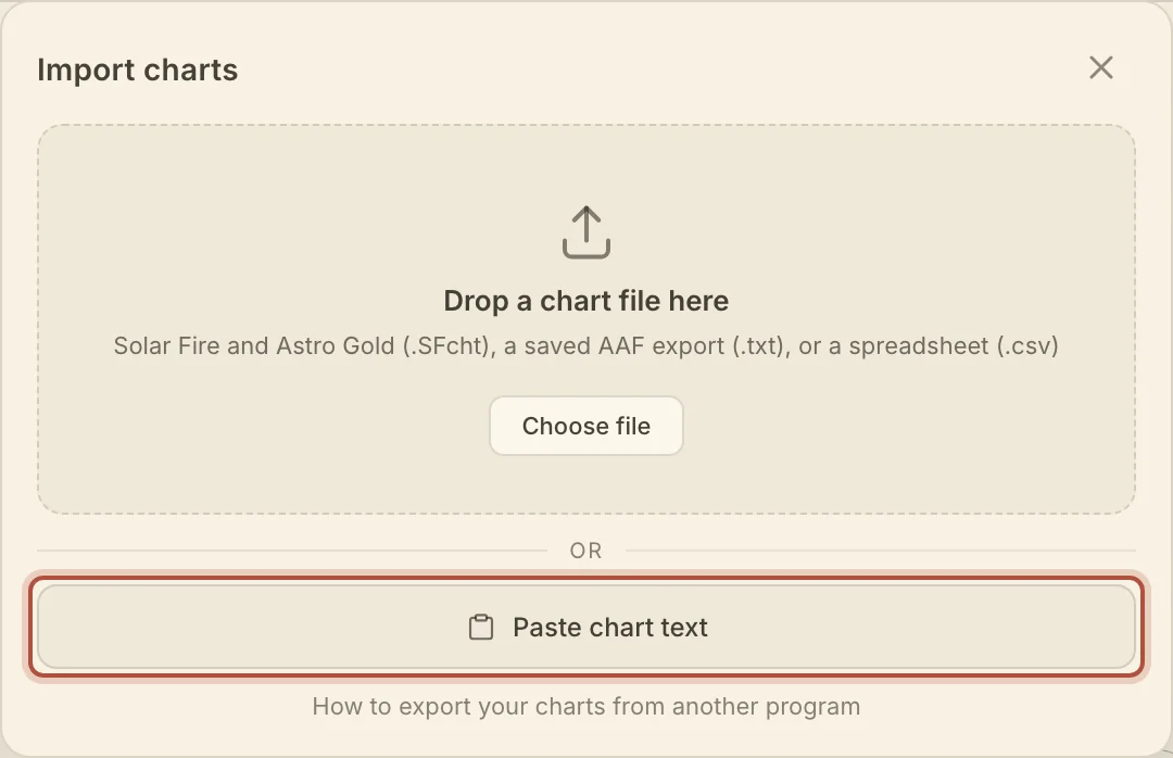 Paste chart text, under the drop zone in the import window
