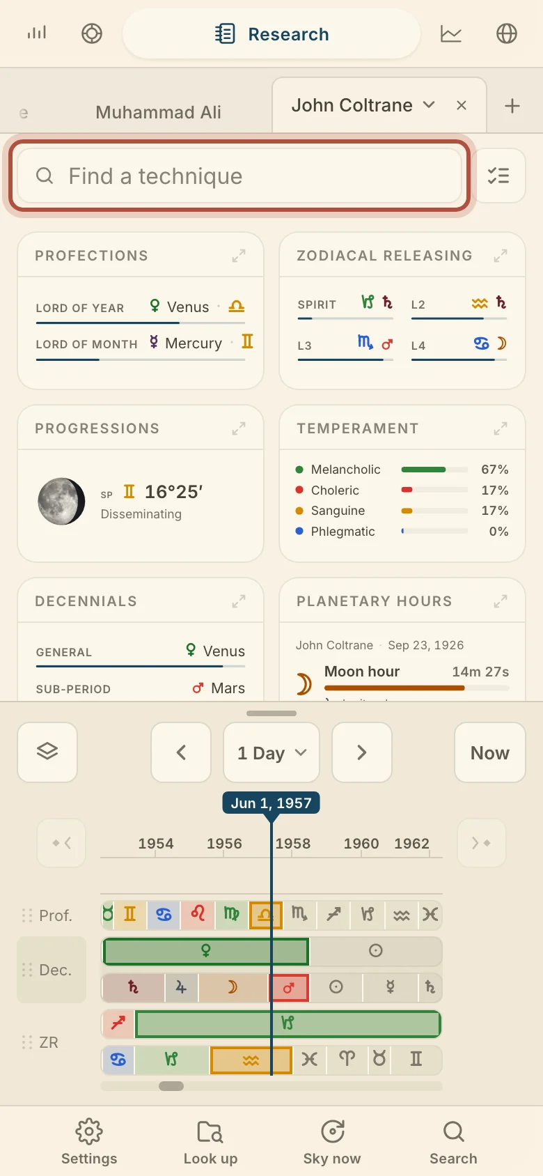 Research on a phone: Find a technique at the top, and a card for every technique