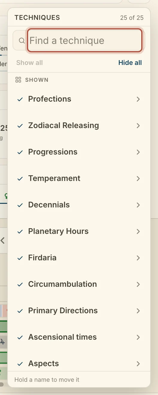 The Techniques list on a phone, with Find a technique, Show all and Hide all