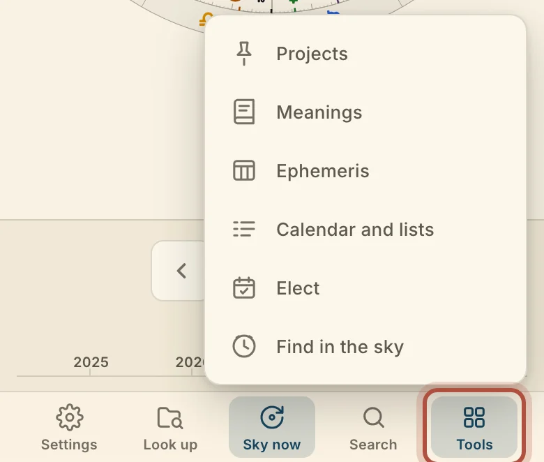 The Tools menu on a phone: Projects, Meanings, Ephemeris, Calendar and lists, Elect and Find in the sky