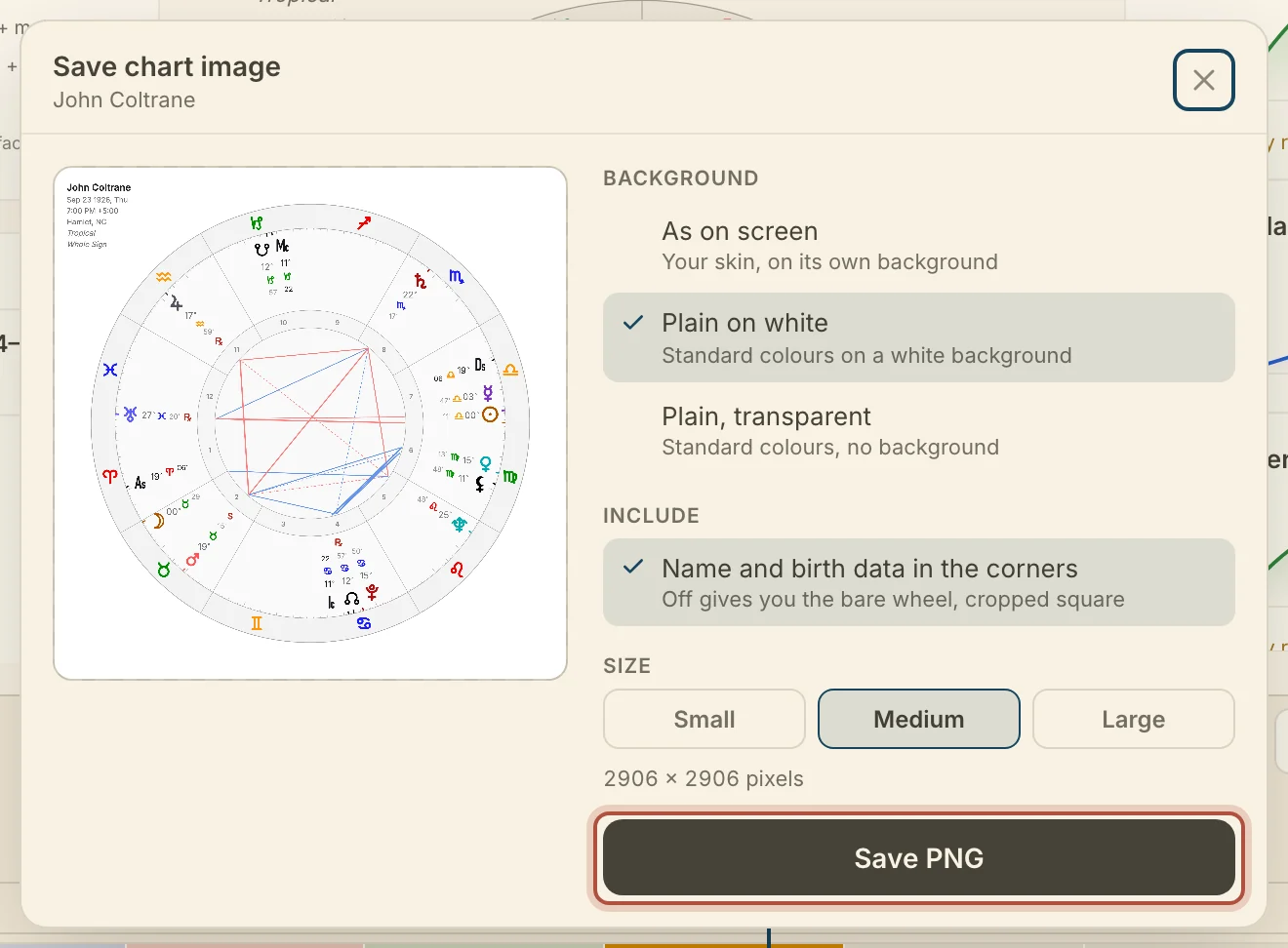 The Save chart image window: background, what to include, and size