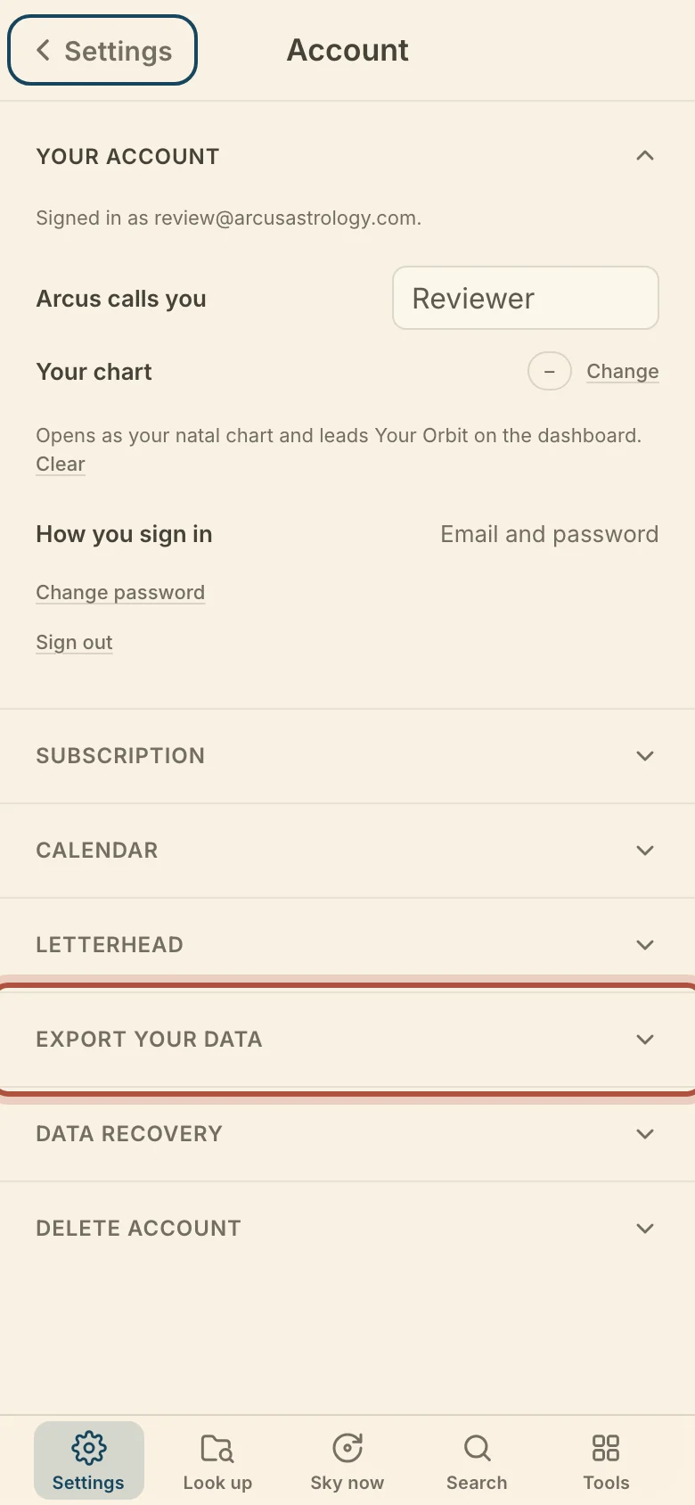 Export your data, in Account on a phone
