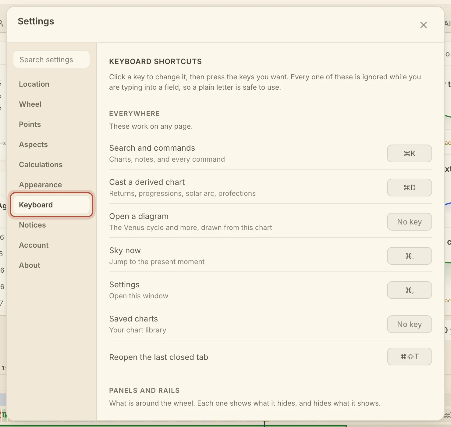 Keyboard, in Settings, with every shortcut and the key it is on