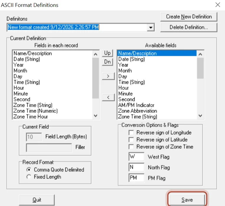 The fields each line of the file will carry, and the Save button