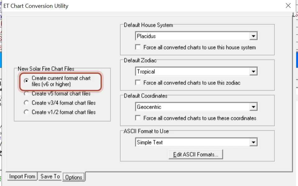 The Options tab, with the current chart file format chosen