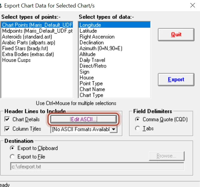 Edit ASCII, in the export window