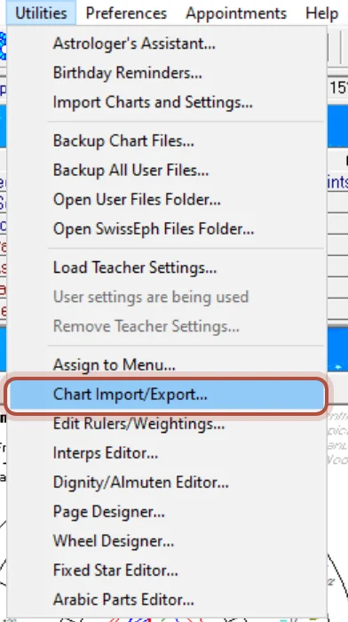 Chart Import/Export in the Utilities menu