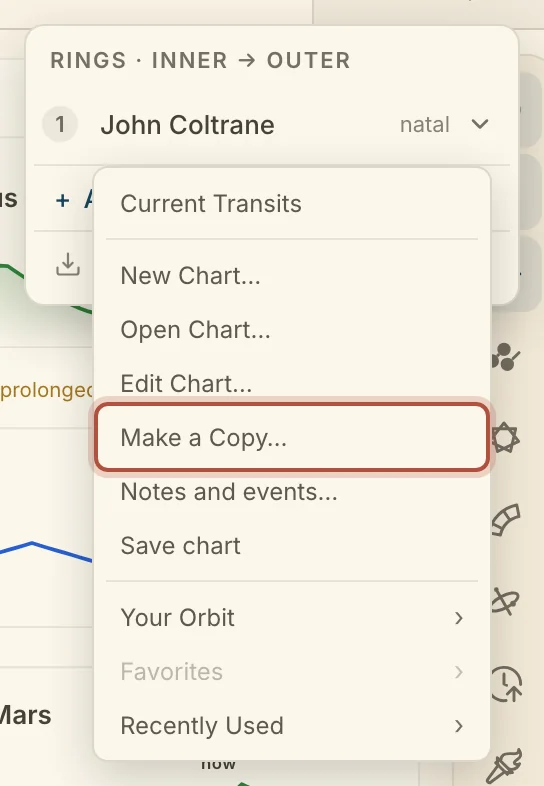 A ring's chart menu: transits, new, open, edit, copy, notes, and your charts below