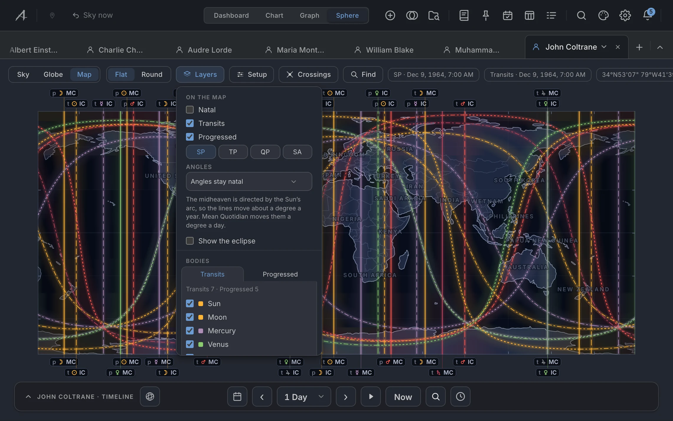 Cyclocartography. The Map view, flat, with the Layers panel open: Transits and Progressed on, Natal off, and the two moving sets of lines across the world.
