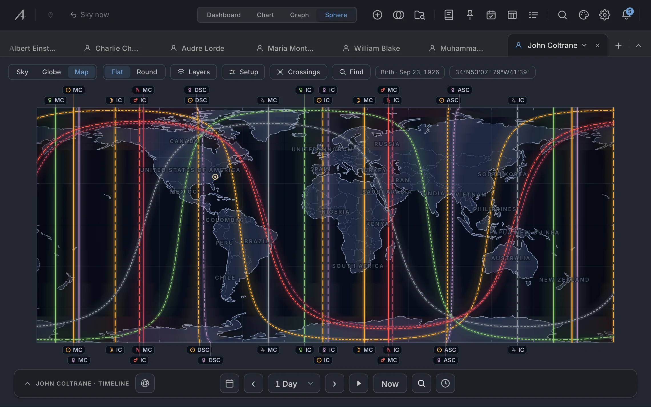 Astrocartography. The Map view, flat, with the birth lines across the world and their labels legible.